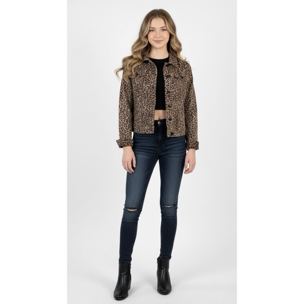 William Rast Juniors Lenna Leopard Denim Jacket Size S Black Brown Short Classic